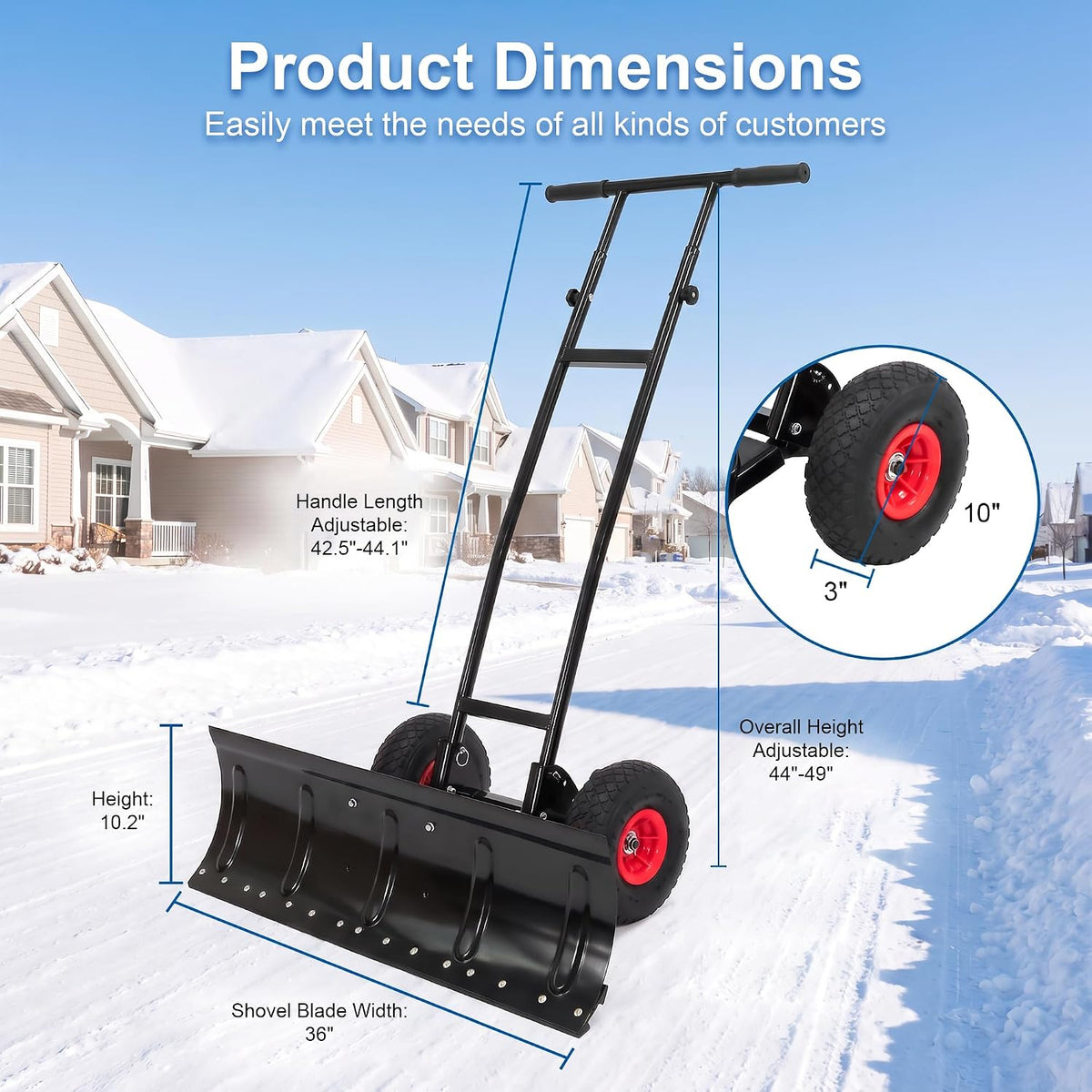 36 Inch Snow Shovel with Wheels, Heavy Duty Metal Snow Pusher Plow, Adjustable Height Handle, Wheeled Snow Removal Tool for Driveway, Sidewalk, Yard, Commercial Use