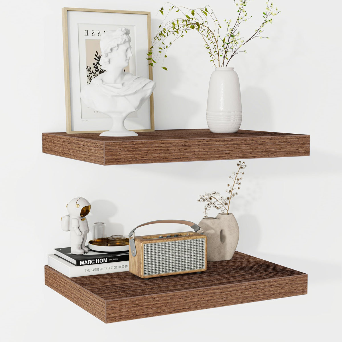 Fun Memories Floating Shelves - 2 Pack 12 Inch Rustic Wooden Wall Shelves - Extra Deeper & Thicker Wall Mounted Storage Shelf for Living Room, Kitchen, Farmhouse - 36" W x 12" D x 1.8" H - Brown