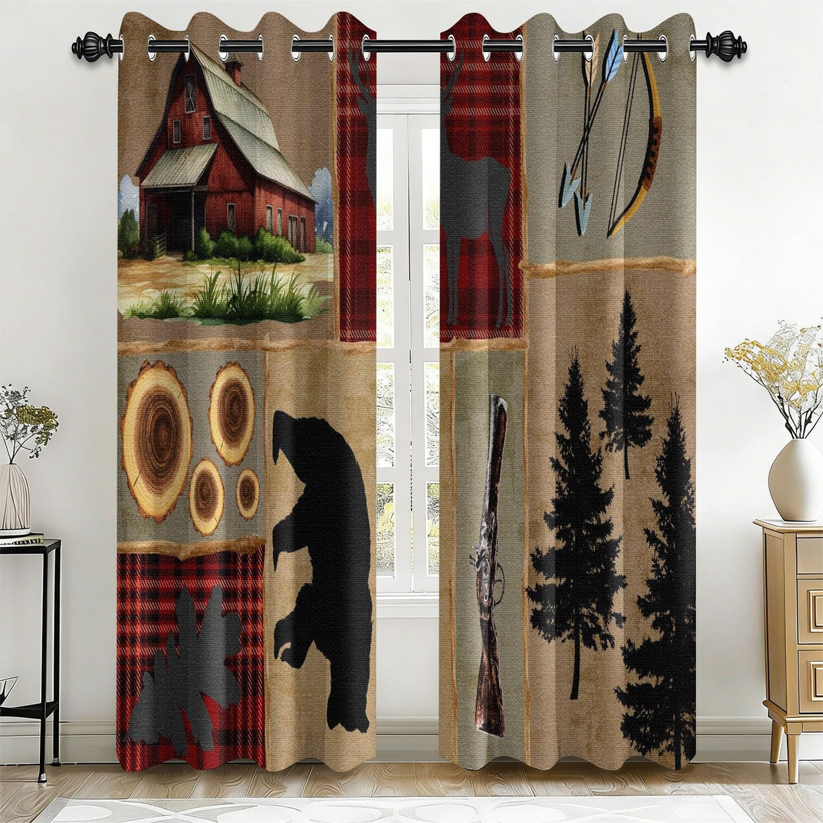 Rustic Woodland Blackout Curtains 108 Inch Long 2 Panels, Buffalo Plaid Patchwork Wildlife Bear Deer Silhouette Pine Grommet Drapes, Thermal Insulated Window Treatments for Living Room