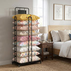 Rolling Pillow Storage Rack, Cushion and Pillow Holder with Sign Holder