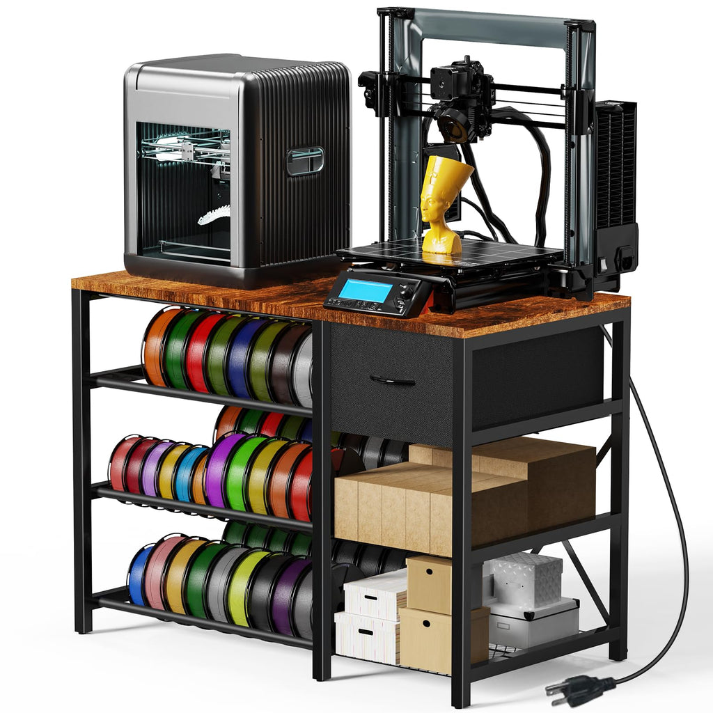 3D Printer Stand with Filament Storage Rack, Heavy Duty 3D Printer Table with Power Outlet, 4-Tier Filament Holder with Drawer, 3D Printer Filament Stand Organized for Office Workshop Studio