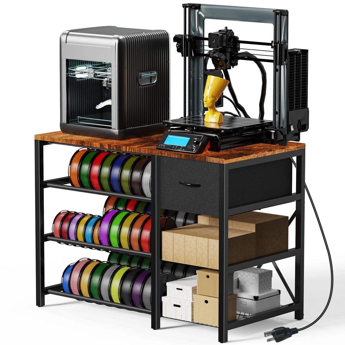 3D Printer Stand with Filament Storage Rack, Heavy Duty 3D Printer Table with Power Outlet, 3-Tier Filament Holder with Drawer, 3D Printer Filament Stand Organized for Office Workshop Studio