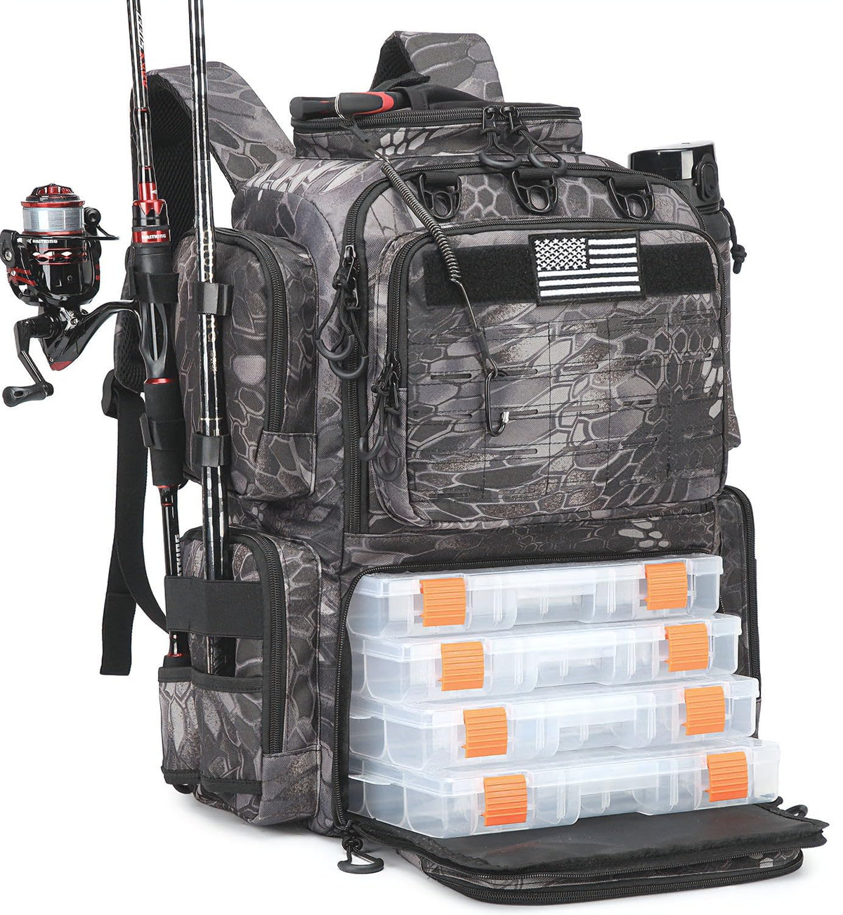 Tactical Fishing Backpack with 4 Tackle Boxes, Rod Holders & Bottle Holder
