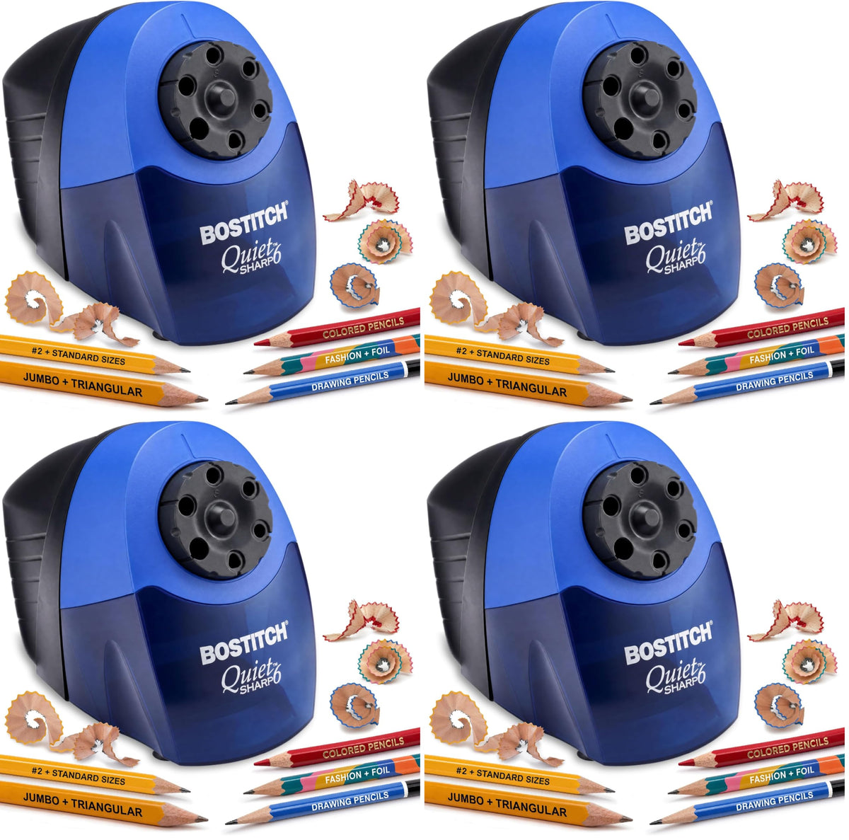 Bostitch Office QuietSharp Electric Pencil Sharpener, Heavy Duty Classroom or Office Use, Size Selector with 6 Different Sizes, Blue (Pack of 4)