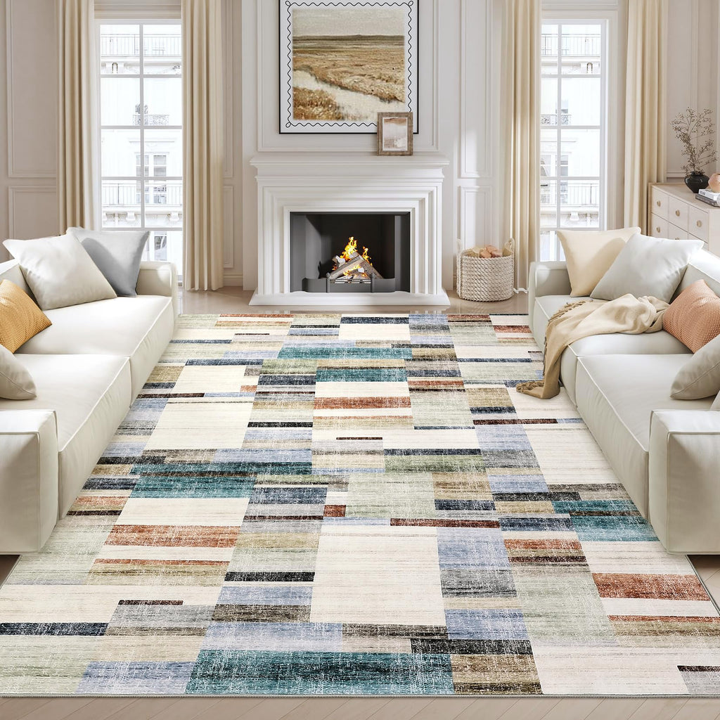 Modern Washable 8x10 Area Rug - Soft, Non-Slip, Stain Resistant, Farmhouse Tartan Plaid for Living Room, Bedroom, Nursery, Office - Beige