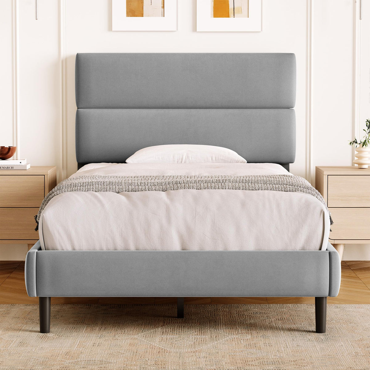 GRUSIGN King Size Platform Bed Frame with Velvet Headboard, Adjustable Height Wooden Slats Support, Upholstered Mattress Foundation, Fits Mattress or Mattress with Box Spring, Easy Assembly, Beige