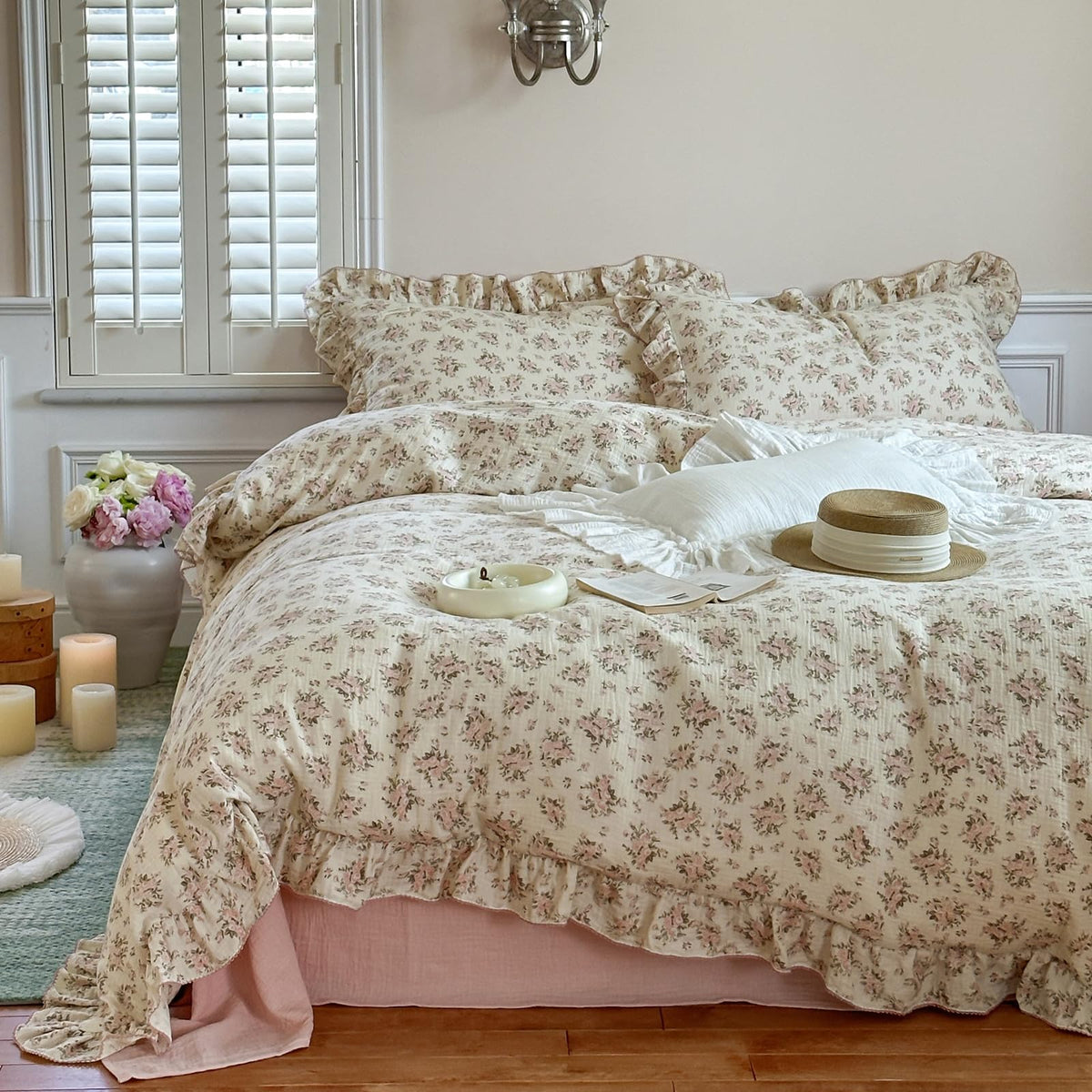 Floral Duvet Cover Set Muslin Cotton Queen(90"x90"),Pink Flower
