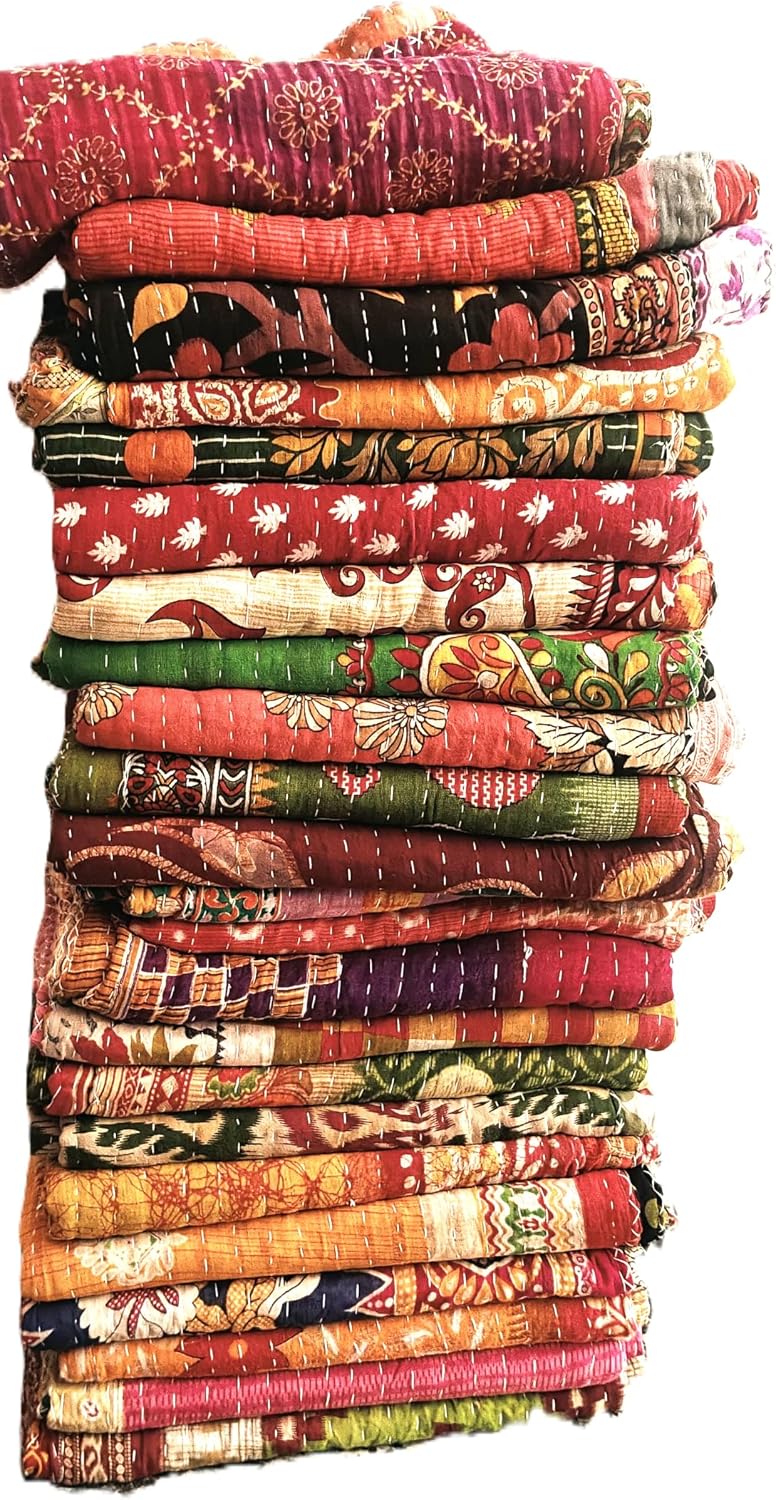 Handmade Vintage Kantha Quilt 3-Layer Cotton Blanket, Bohemian Kantha Throw, Reversible Patchwork Gudari Blanket for Bed, Couch, Sofa (54 x 84 1pices)