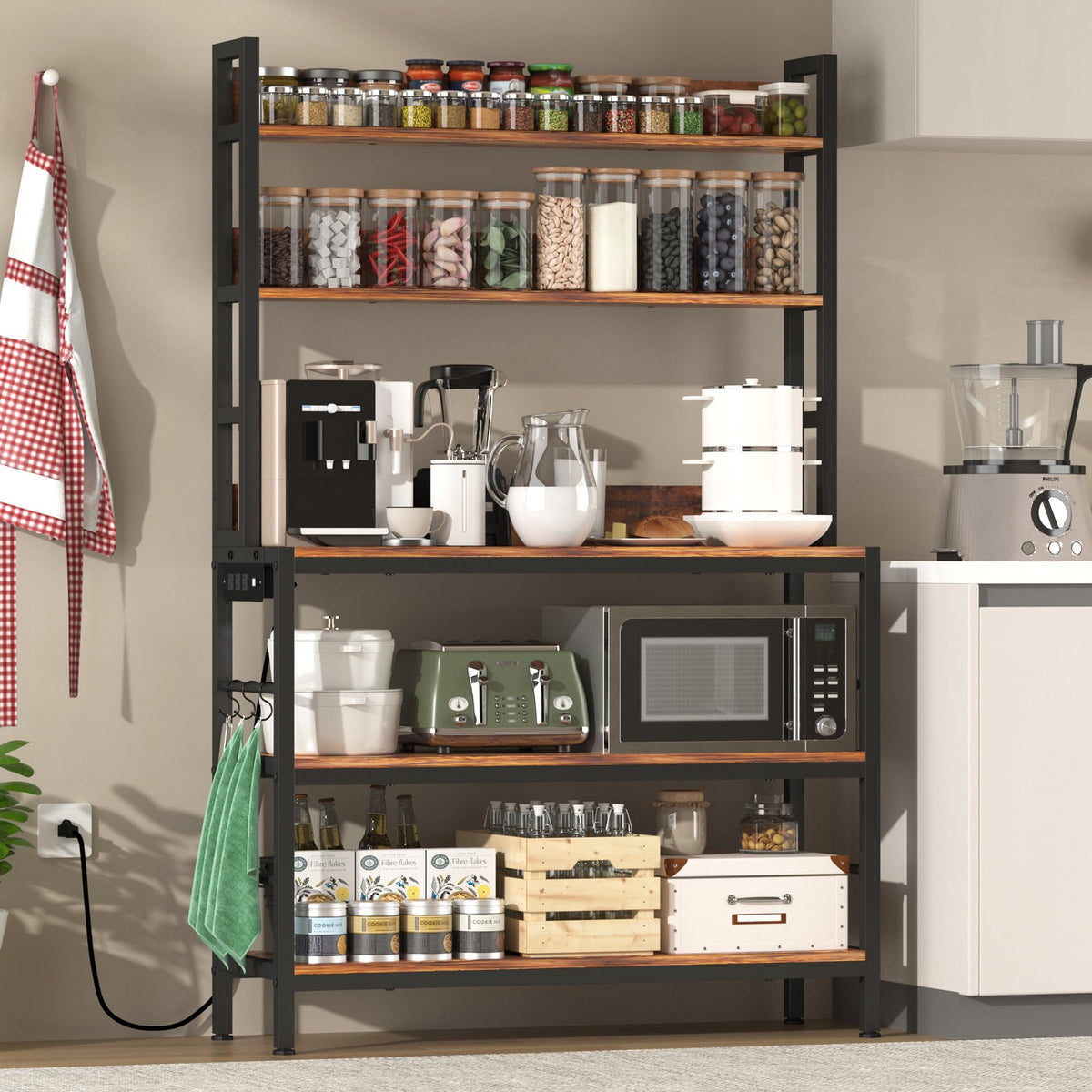 Kitchen Bakers Rack with Baskets,5-Tier Free Standing Storage Shelf Rack,Industrial Microwave Oven Stand,Metal Kitchen Rack Organizer with Hooks(Black)