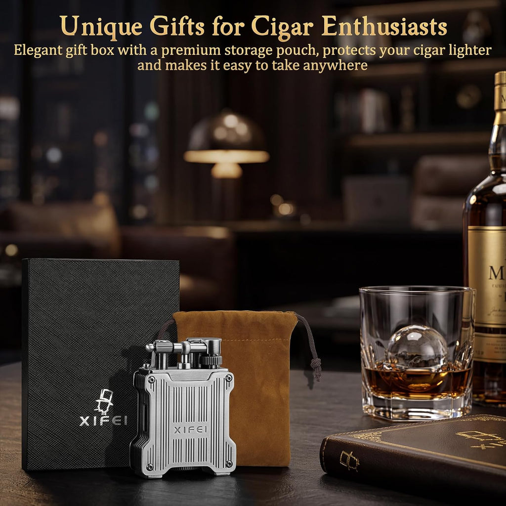 XIFEI Classic Flint-Wheel Cigar Lighter, Adjustable Dual Jet Flame