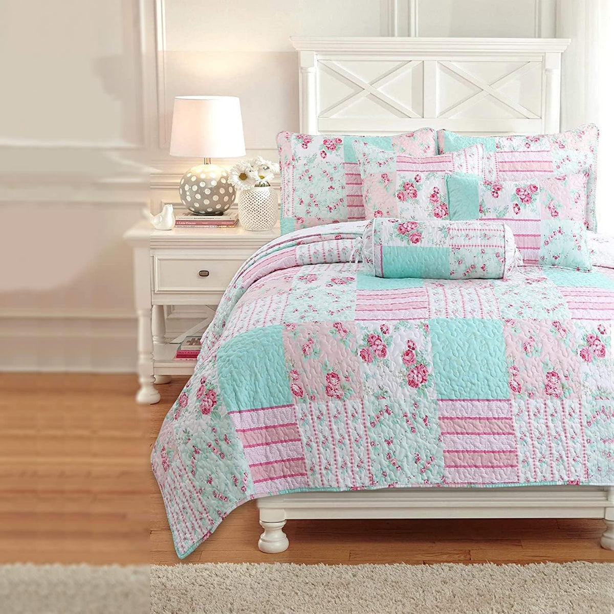 Cozy Line Home Fashions Bloom Floral Blue Rose Spring Reversible Quilt Bedding Set, Coverlet Bedspread Lightweight for All Seasons (Pink Garden, Queen - 6 Piece)