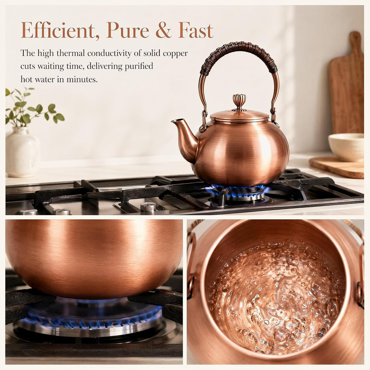 Handmade Copper Kettle 1200ML, Copper Stovetop Tea Kettle, Handmade Solid Copper Teapot with Stay-Cool Grip, Fast Boiling Gas Stove for Tea Ceremony Home Kitchen Use (1.3L-C)