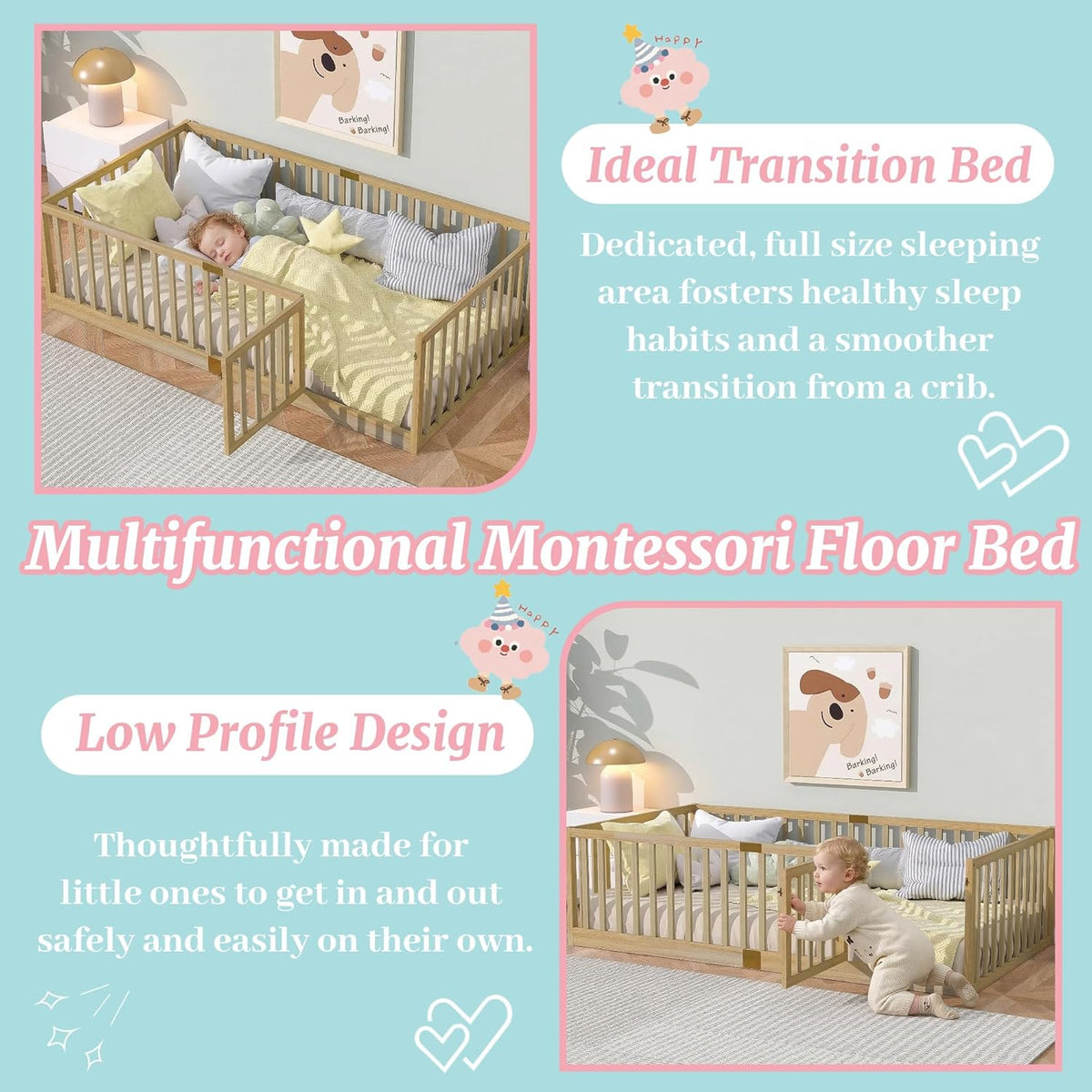 Full Montessori Floor Bed with High Rails, Door & Slats for Kids, Natural