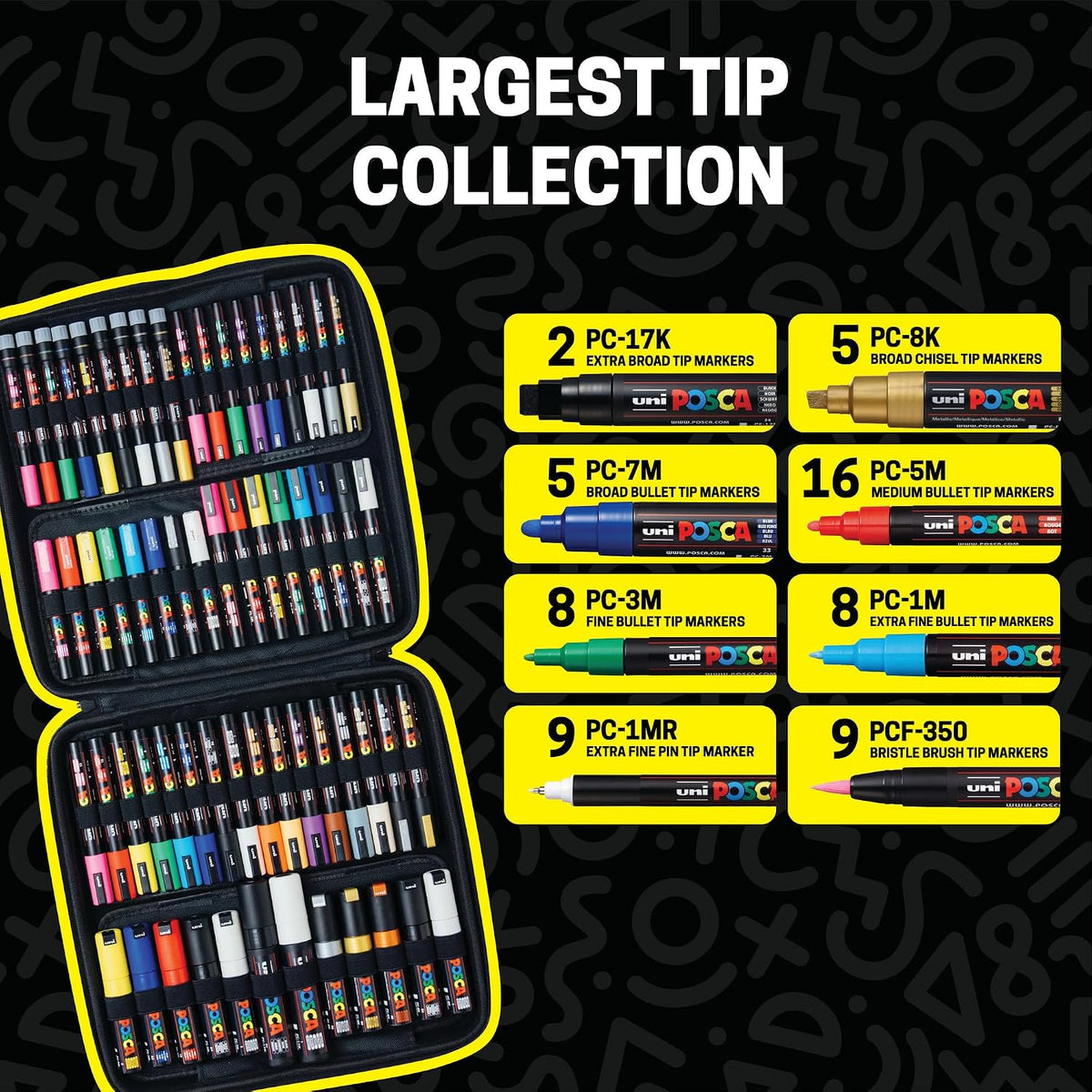 Posca Exclusive Acrylic Paint Markers Gift Set of 62 with Case, Great for Kids and Adults, For Coloring Decorations, Canvas, Glass or Wood, Includes 350, 1MR, 1M, 3M, 5M, 7M, 8K, & 17K