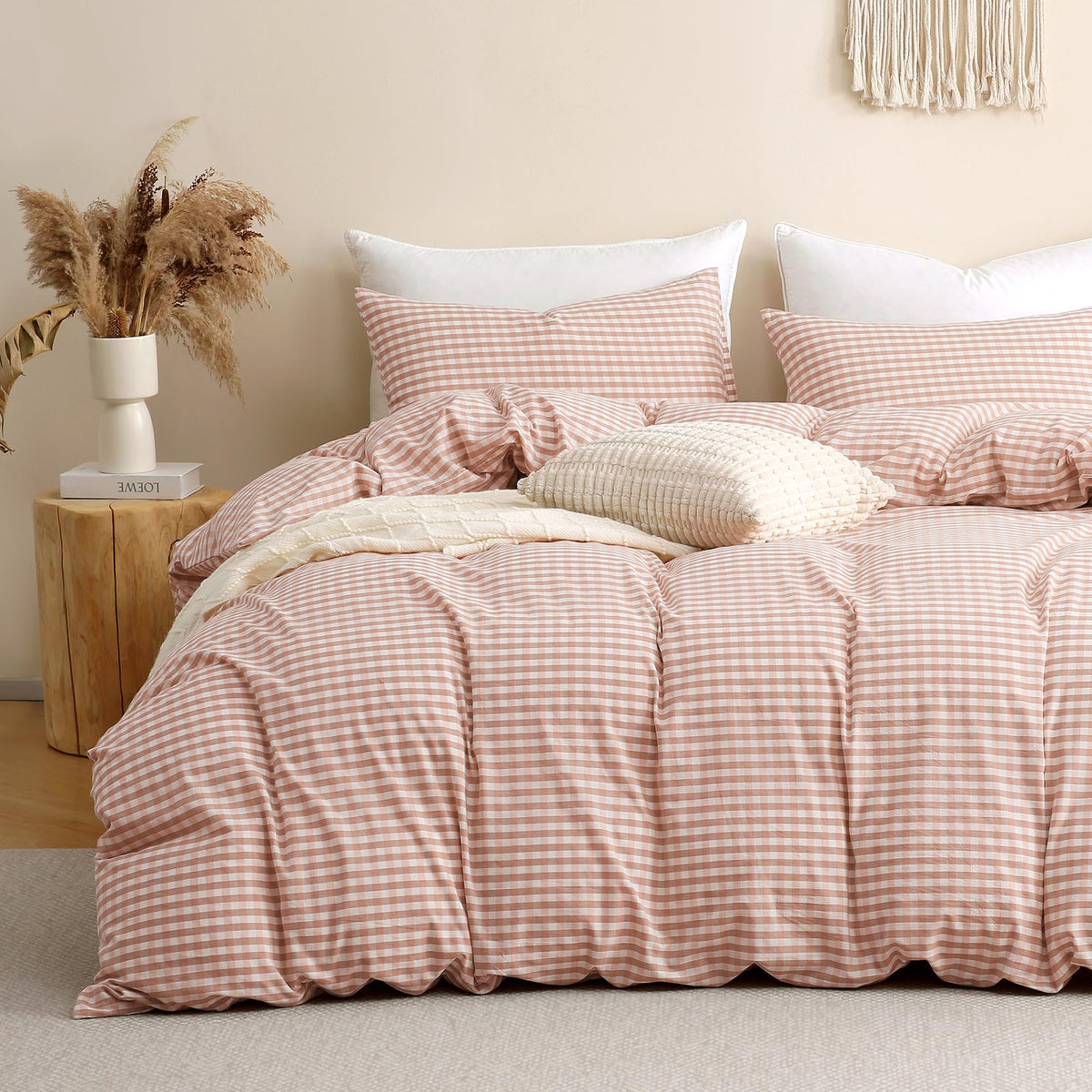 TOCOMOA Tan Gingham Duvet Cover Set Washed Cotton Like Linen, Cal King