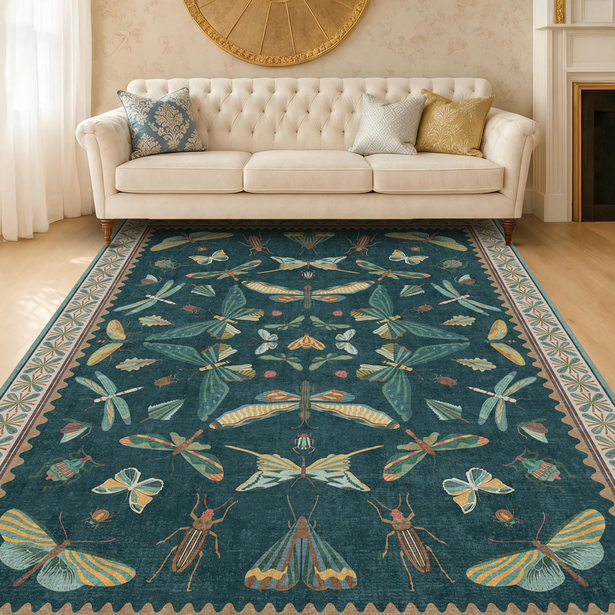Hazo Haus Dark Green Insect Area Rugs 8x10 for Living Room, Dining Room Under Table, Bedroom, Unique Washable Floral Non Slip Low Pile Soft Rug
