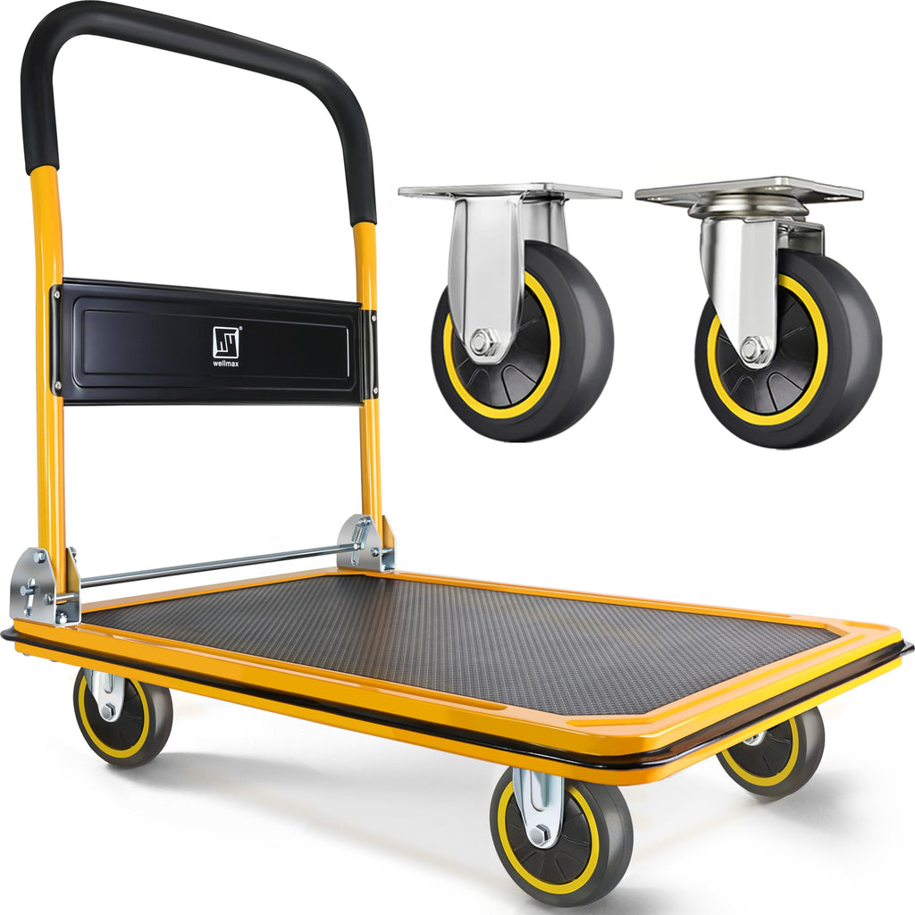 Wellmax Push Cart Dolly, Foldable Moving Platform Flat Cart, 330 lb, Yellow