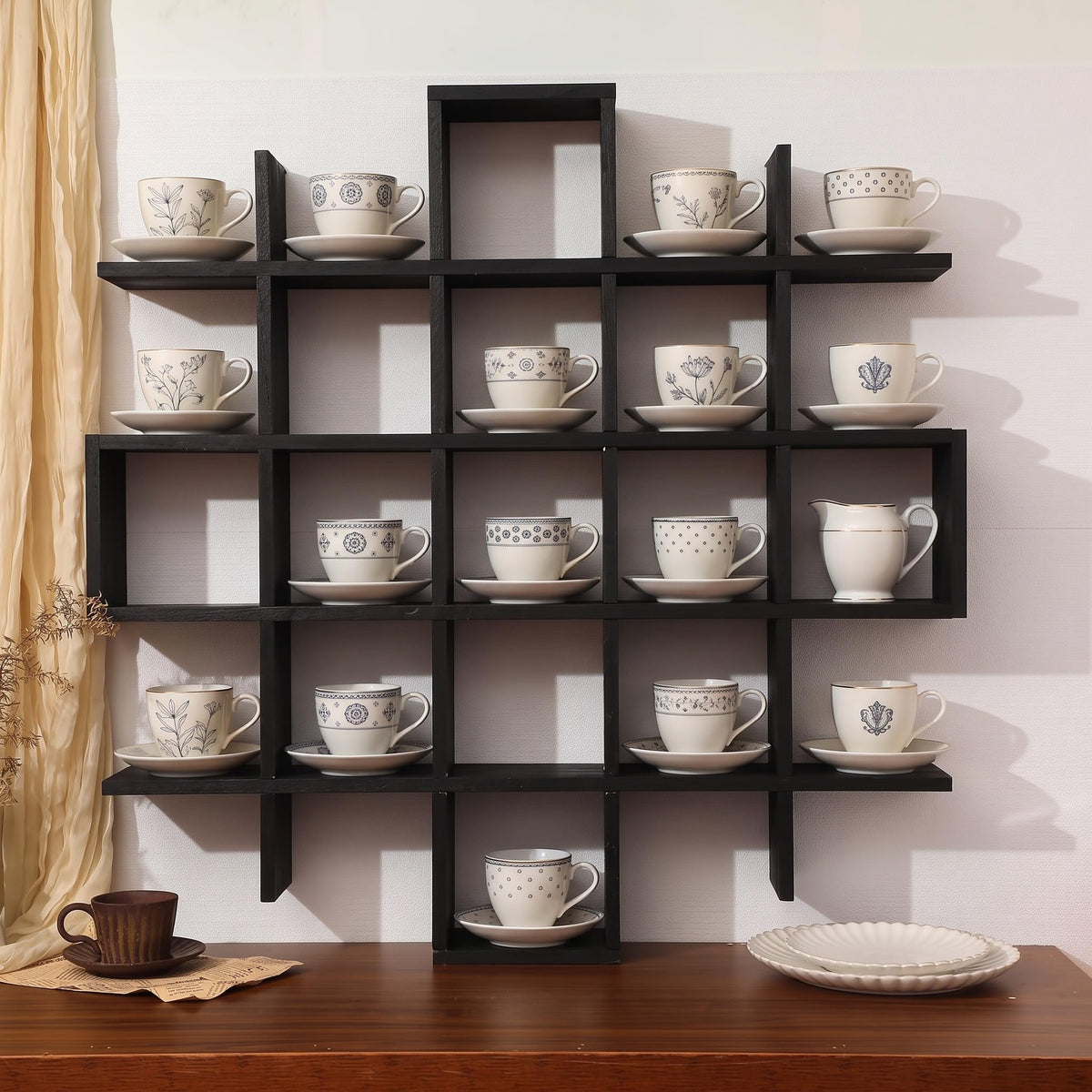 Suzile 5x5 Wall Shelf for Tea Cups Saucers, Rustic Wood Rack, Brown