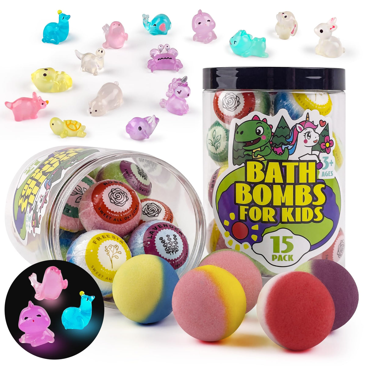 Bath Bombs with Surprise Inside, 35 Pcs Kids Bath Bombs Gift Set with Glow-in-The-Dark Animal Toys, Child-Safe Natural Bubble Fizzy, Perfect Easter Basket Stuffers & Birthday Gifts for Girls & Boys