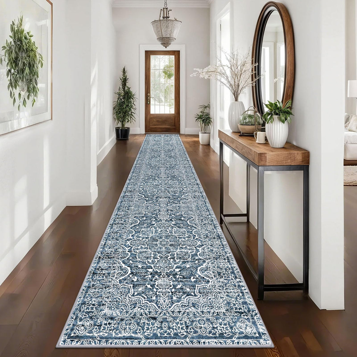 KUTA Vintage Extra Long Runners for Hallways 2.6x18ft Washable Blue White