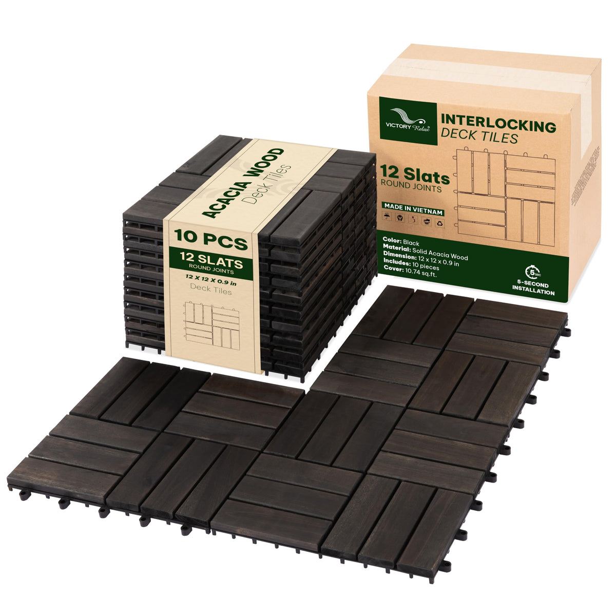 Acacia Interlocking Deck Tiles, 27 PCS Wood Flooring, 12 Slats, Walnut