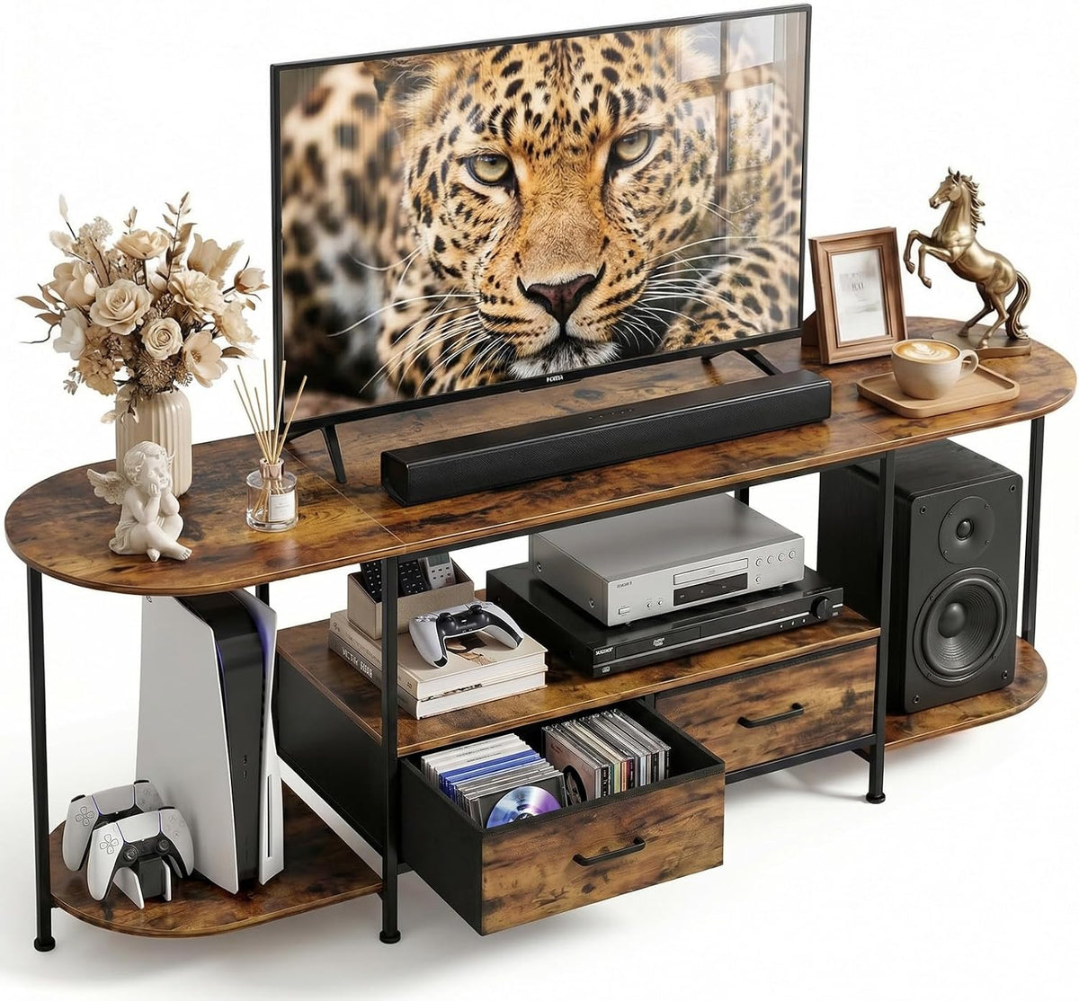 Faesun 63" TV Stand for TVs up to 75 Inches, Curved Edge Media Console & Entertainment Center with 2 Fabric Drawers, Modern TV Console Table for Living Room or Bedroom, Rustic Brown