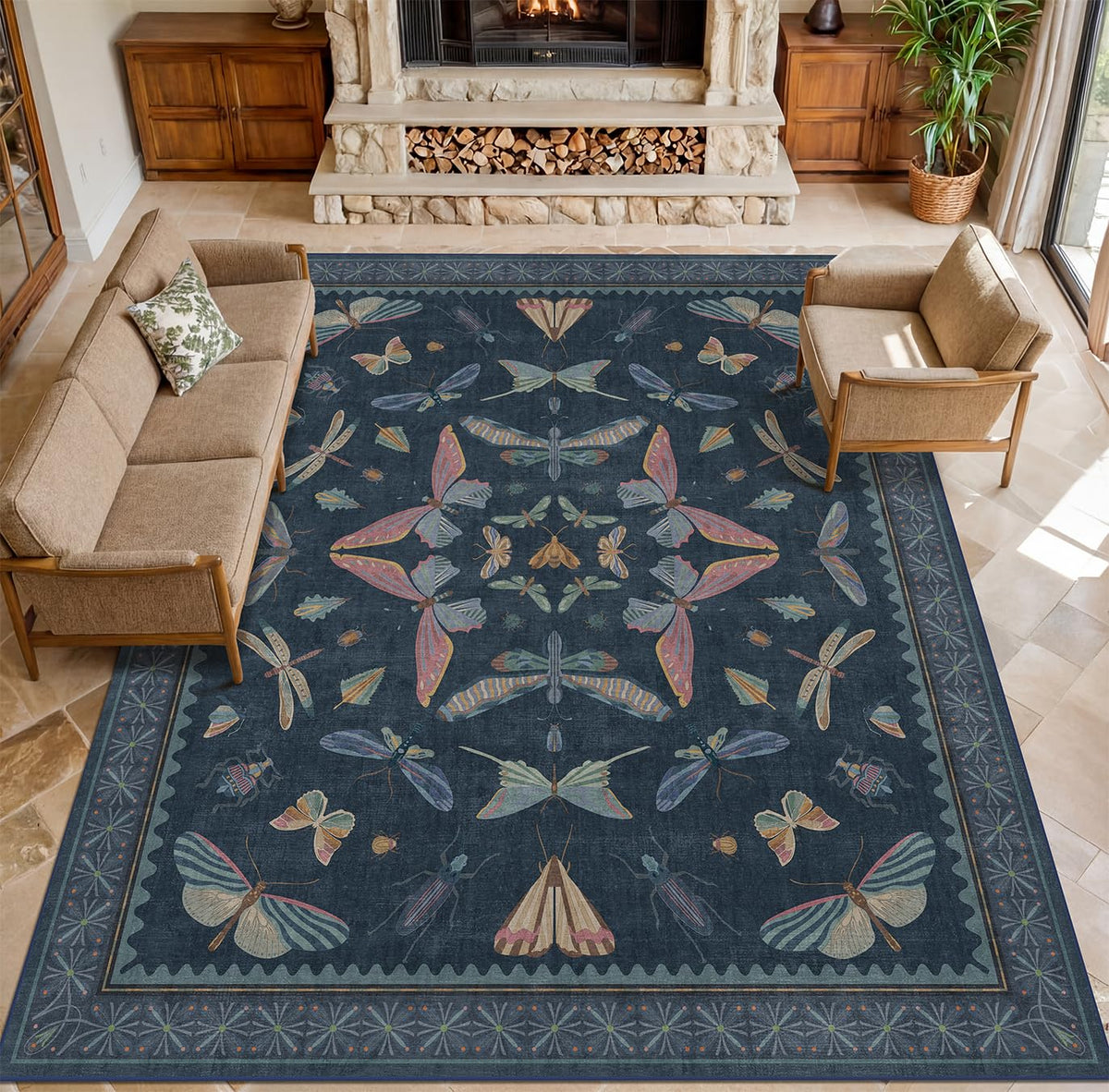 Hazo Haus Dark Green Insect Area Rugs 8x10 for Living Room, Dining Room Under Table, Bedroom, Unique Washable Floral Non Slip Low Pile Soft Rug