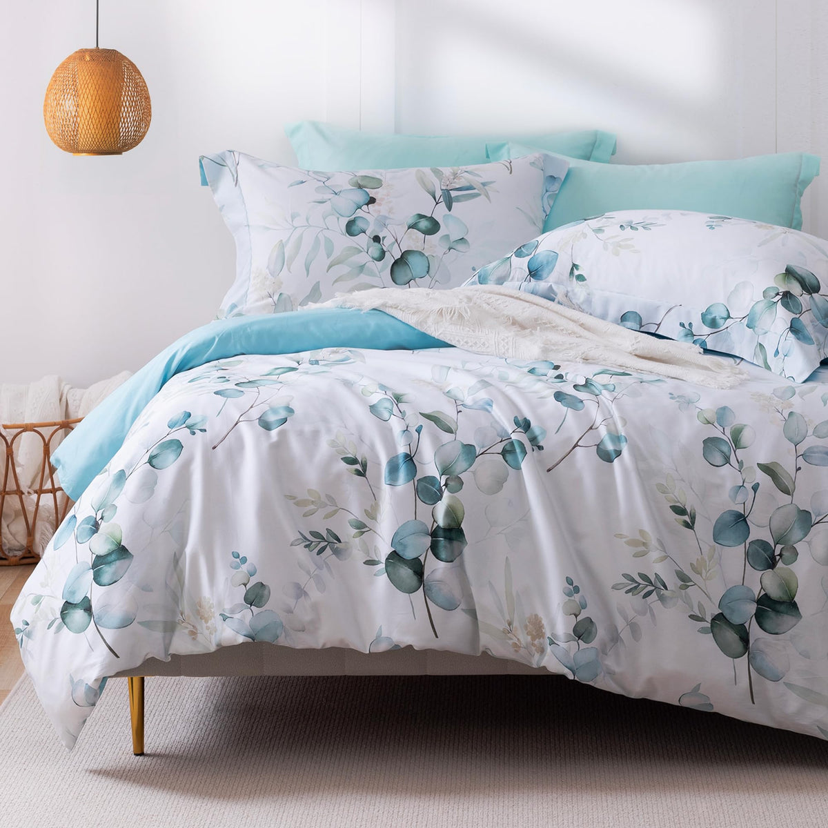 MILDLY White Floral Green Leaves Luxury Duvet Cover Set 3pcs King