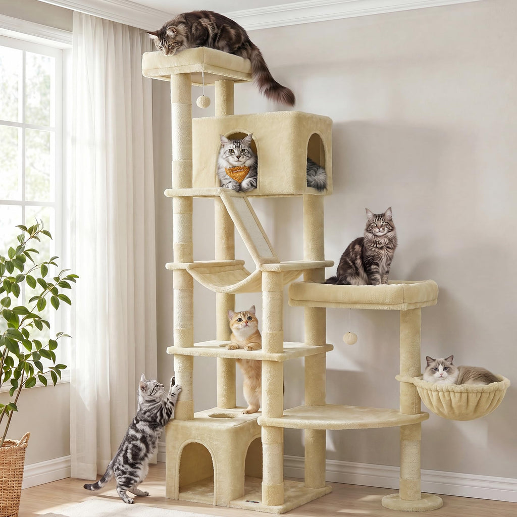 Feandrea Large Cat Tree, 74.1" Tall Sturdy Cat Tower for Indoor, Dove Gray