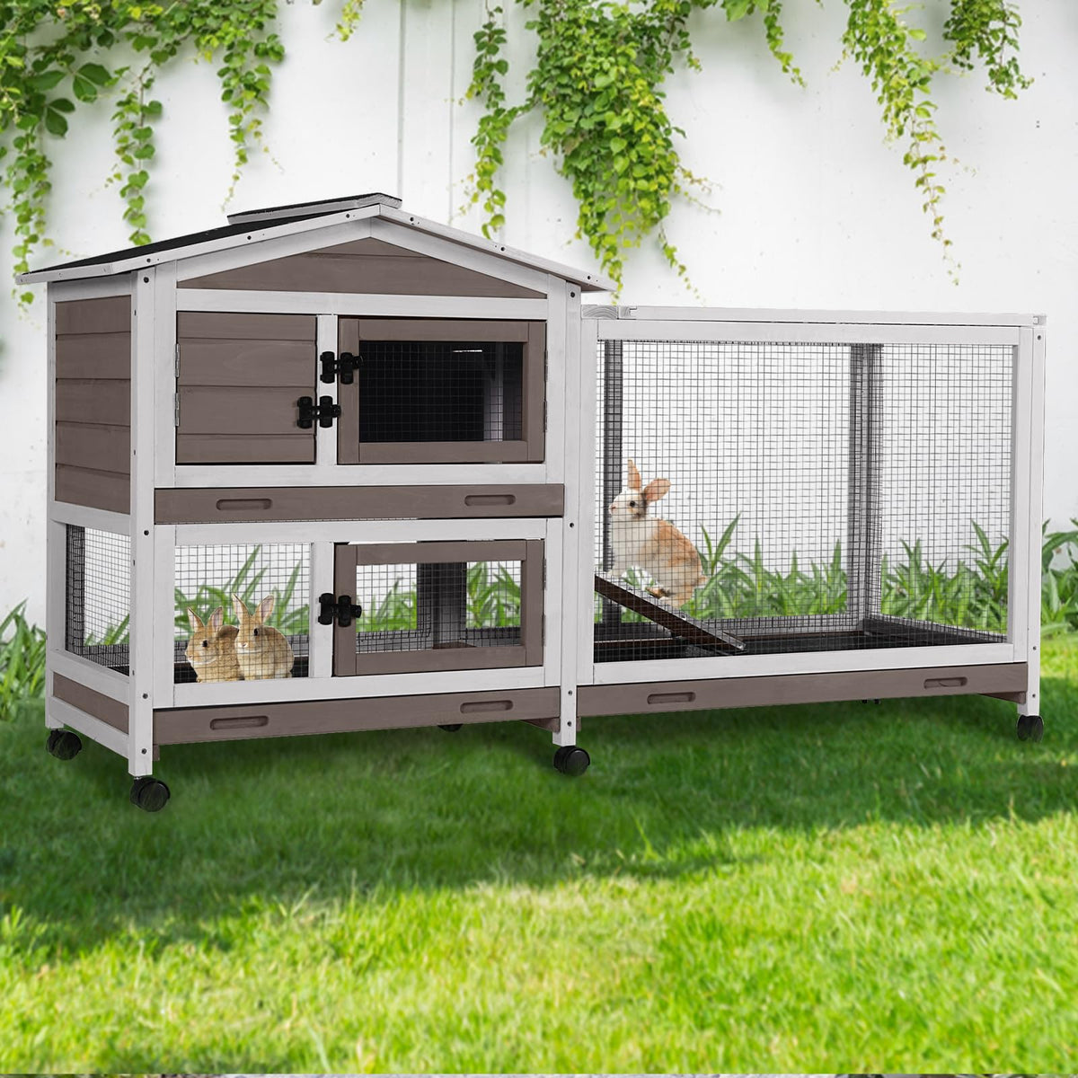 GUTINNEEN 2-Story Rabbit Hutch with Chew-Proof Full Metal Frame for Indoor/Outdoor - 62" Bunny Cage with 6 Locking Casters & 2 Pull-Out Trays for Rabbits, Guinea Pigs, Small Pets (Brown)