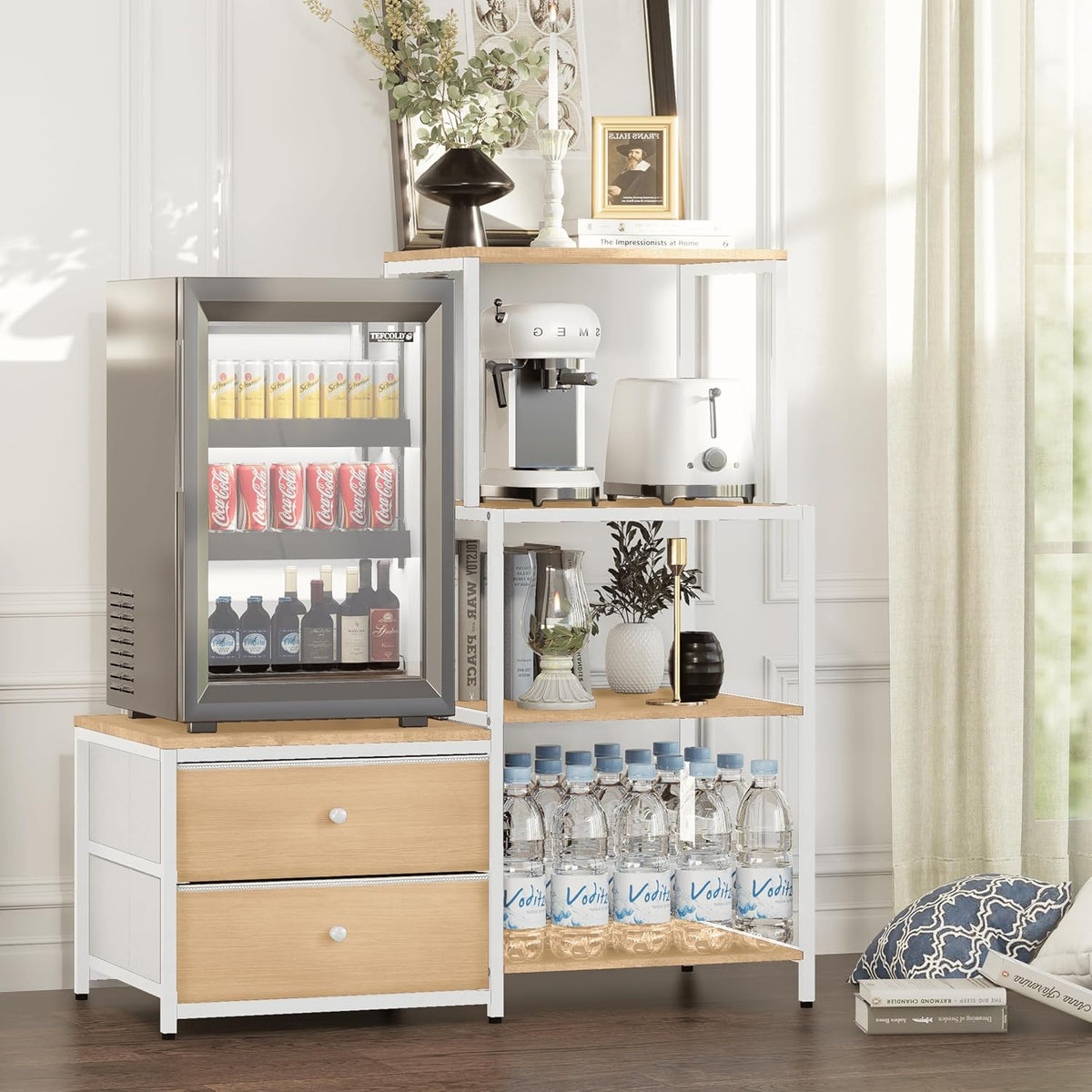 Mini Fridge Stand with Storage, Microwave and mini Fridge Stand with Power Outlet, Coffee Bar,Kitchen Baker,for Dorm,Office(Oak)