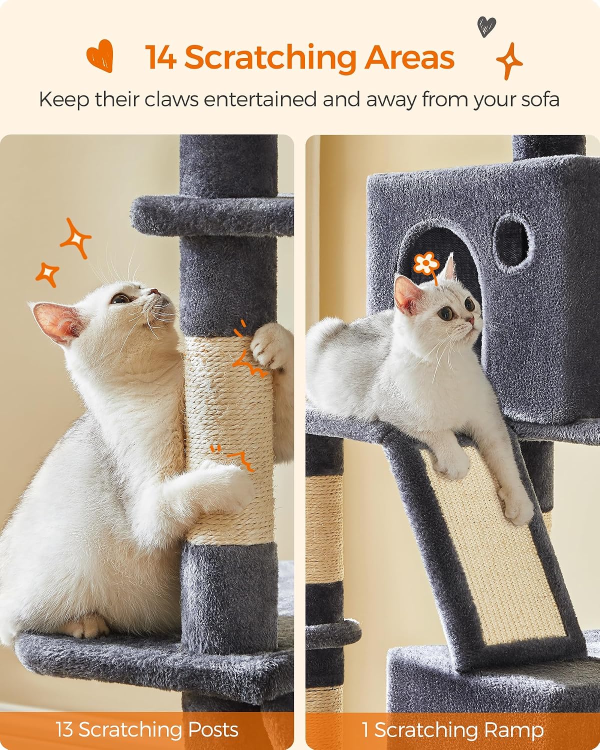 Feandrea Cat Tree, 81.1-Inch Large Cat Tower, Multi-Level Condo, Smoky Gray