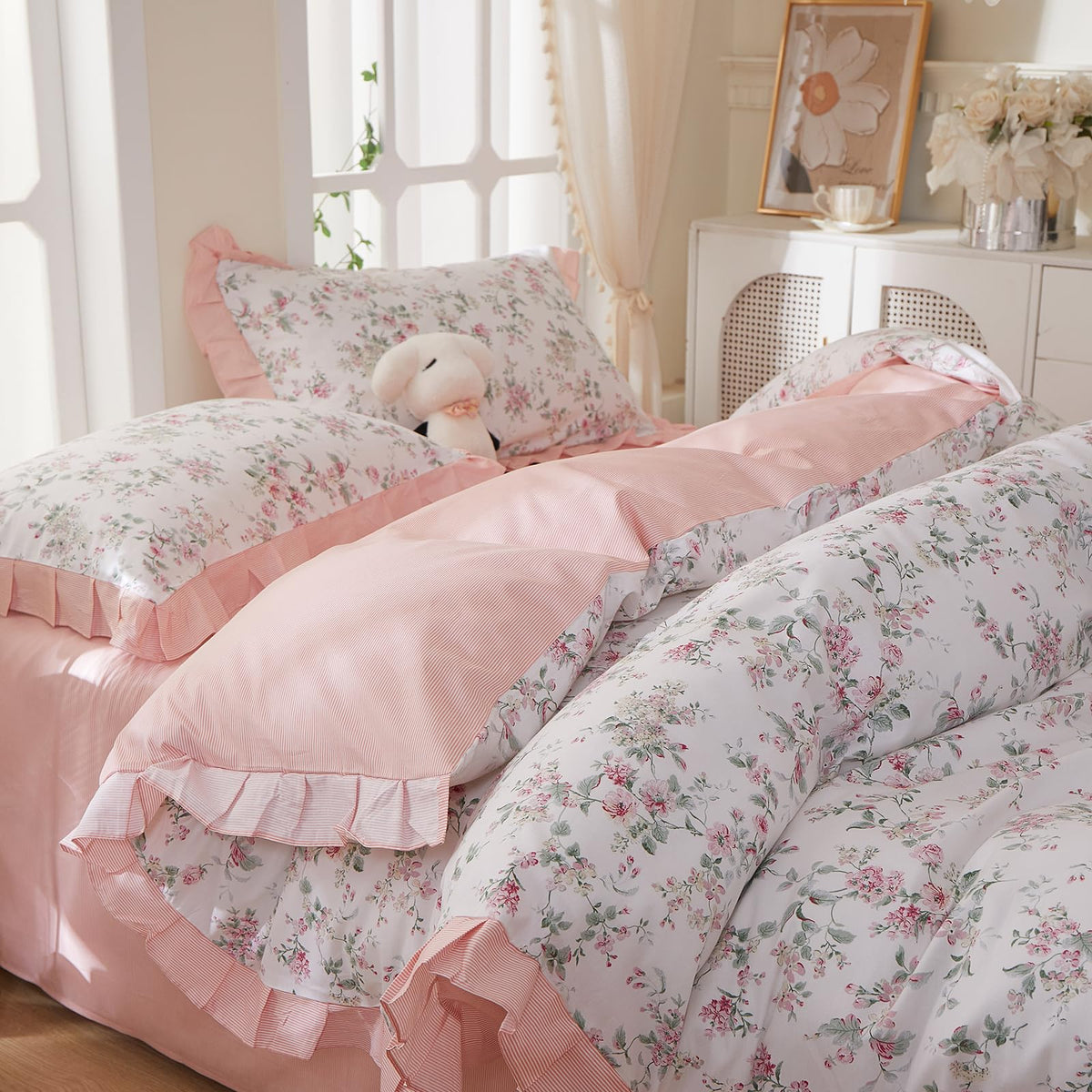 Floral Duvet Cover Set Muslin Cotton Queen(90"x90"),Pink Flower