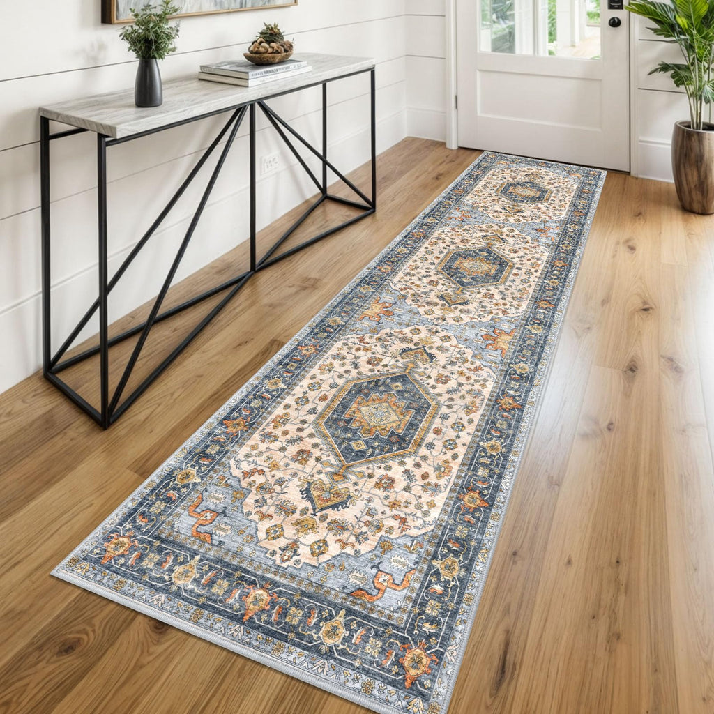KUTA Vintage Extra Long Runners for Hallways 2.6x18ft Washable Blue White