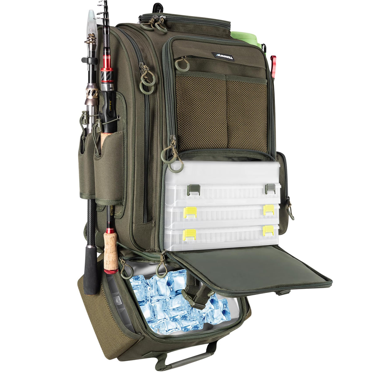 Fishing Backpack with Cooler for 3 Tackle Boxes Fishing Bag with Rod Holder