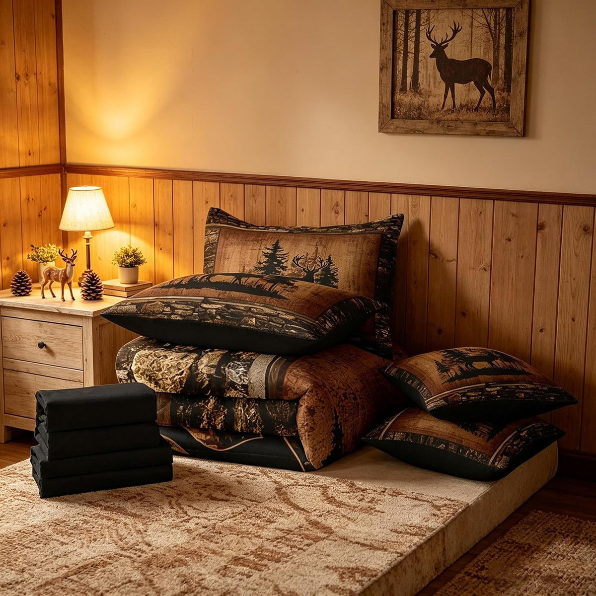 Feelyou Deer Comforter Set with Sheets King Size 7 piece Kids Rustic Deer Hunting Bedding Set Cabin Lodge Deer Bed in a Bag Farmhouse Nature Wildlife Antlers Brown Bed Set