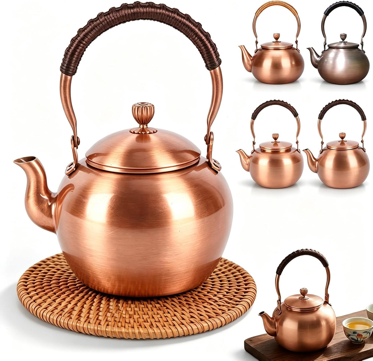 Handmade Copper Kettle 1200ML, Copper Stovetop Tea Kettle, Handmade Solid Copper Teapot with Stay-Cool Grip, Fast Boiling Gas Stove for Tea Ceremony Home Kitchen Use (1.3L-C)
