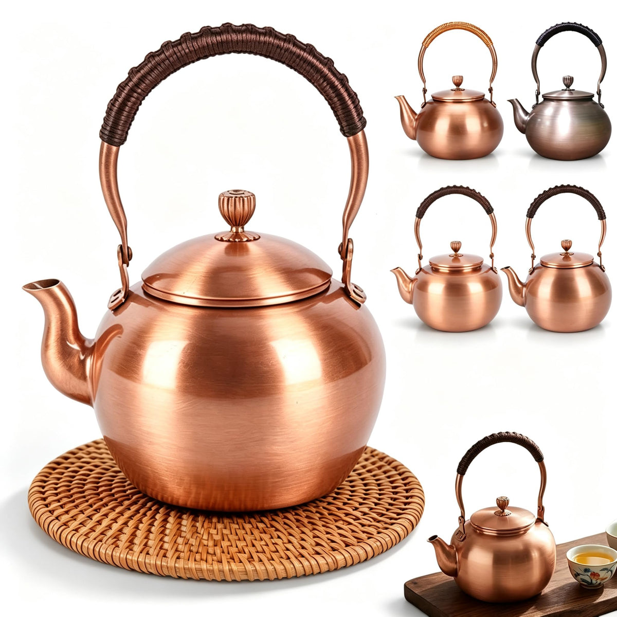 Handmade Copper Kettle 1200ML, Copper Stovetop Tea Kettle, Handmade Solid Copper Teapot with Stay-Cool Grip, Fast Boiling Gas Stove for Tea Ceremony Home Kitchen Use (1.1L-B)