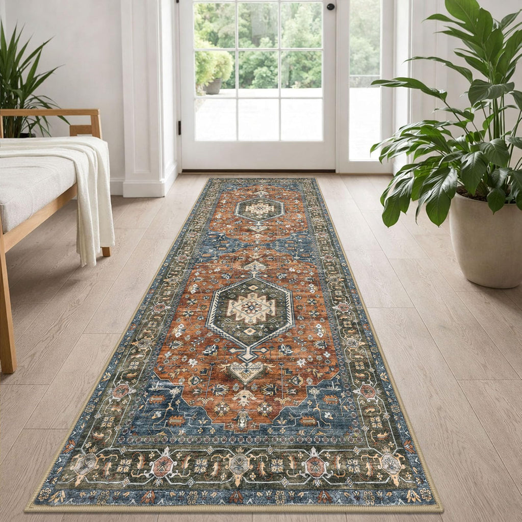 KUTA Vintage Extra Long Runners for Hallways 2.6x18ft Washable Blue White