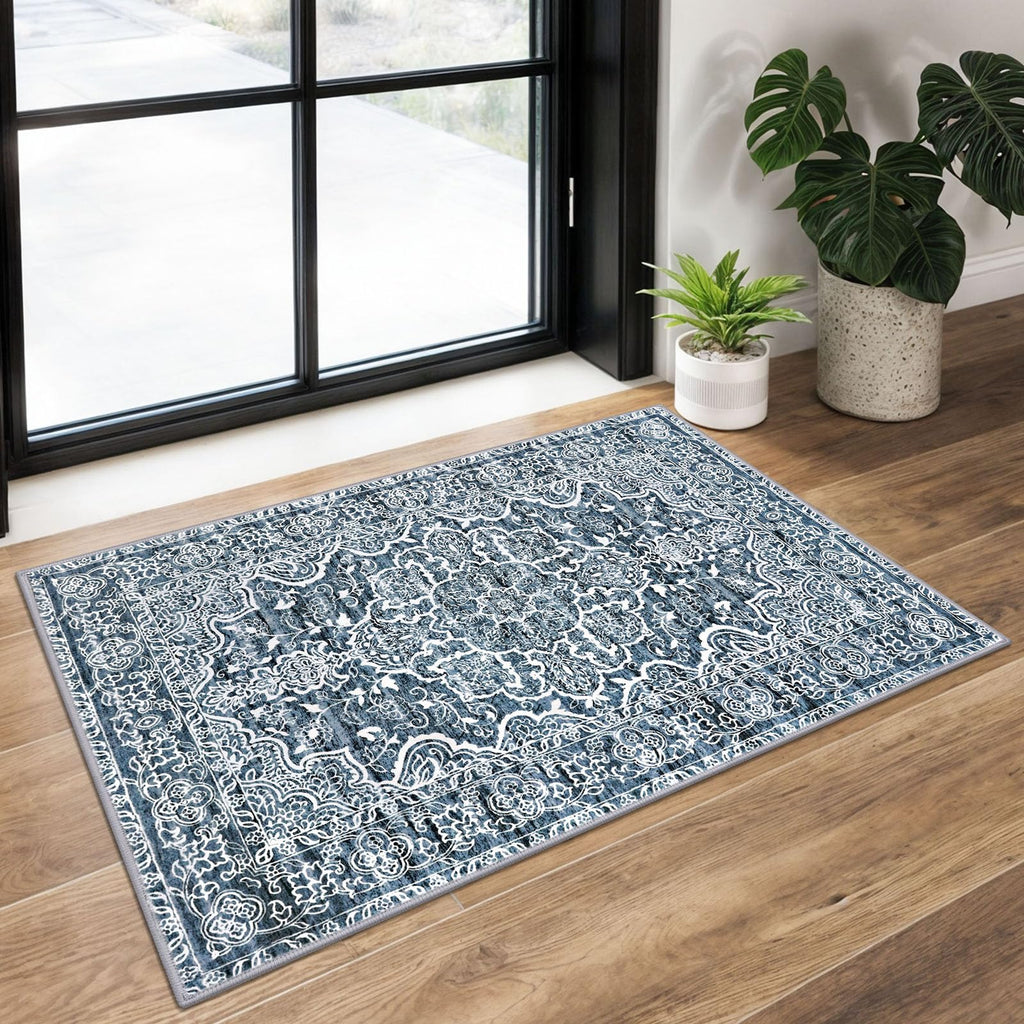 KUTA Vintage Extra Long Runners for Hallways 2.6x18ft Washable Blue White