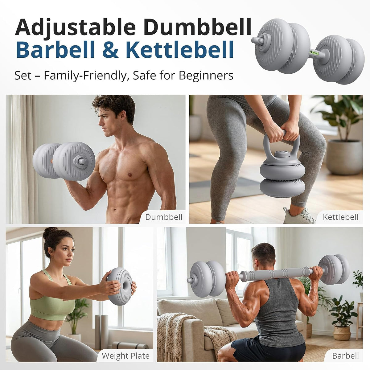 RYGEO Adjustable Dumbbell Set 22lb/44lb/66lb/80lbs Free Weights and Connector, Convert to Barbell, Kettlebells, All Floor Friendly Soft-shell Dumbbells, Home Gym Fitness for Men Women