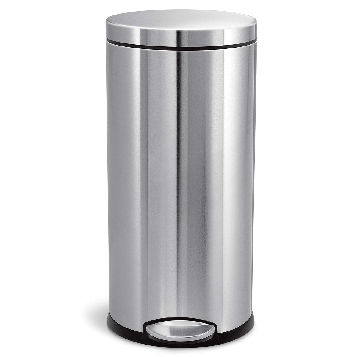 simplehuman Round Step Can, 30L / 8 Gallon Kitchen Trash Can, Iconic Round Shape, 150,000-Step Pedal, Lid Shox® Silent Close, Removable Inner Bucket, Brushed Stainless Steel