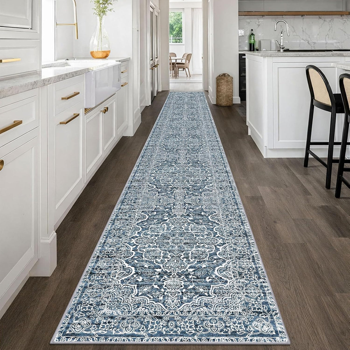 KUTA Vintage Extra Long Runners for Hallways 2.6x18ft Washable Blue White