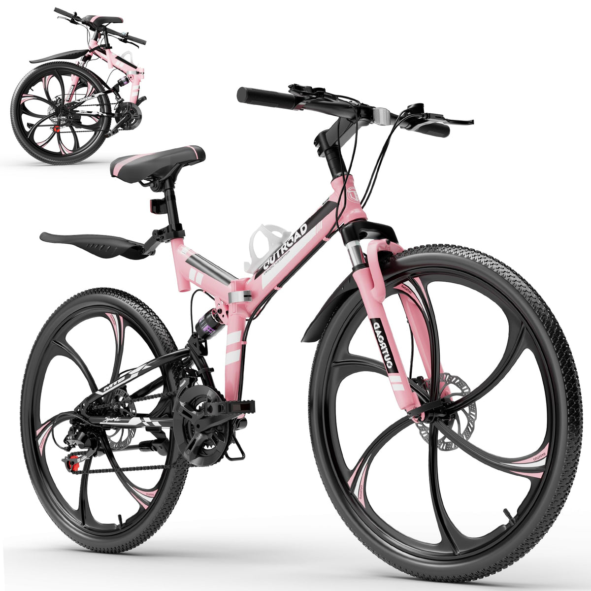 Bonusall 26 Inch Folding Mountain Bike, 21-Speed Full Suspension Foldable Bicycle for Adults, High-Carbon Steel Portable MTB with Dual Disc Brakes, Non-Slip Commuter Bike for Men & Women