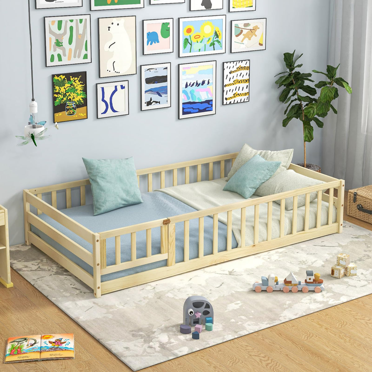 GIANTEX Twin Floor Bed with Fence for Kids, Wooden Montessori Bed Frame with Lockable Door & Guardrails, Low Floor Beds for Kids, Boys, Girls, No Box Spring Needed, Without Wood Slats, White
