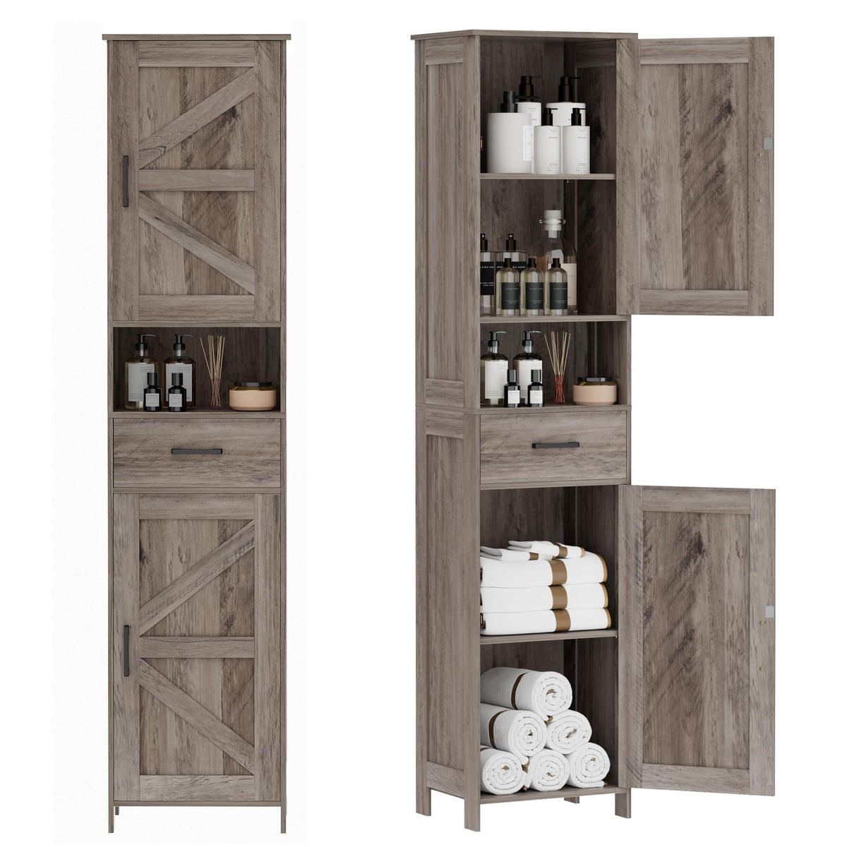 Homhedy 67" H Tall Bathroom Storage Cabinet with Barn Doors and Drawer