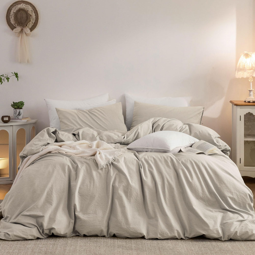 Duvet Cover Set Washed Cotton Embroidered Hem King 3‑Pcs