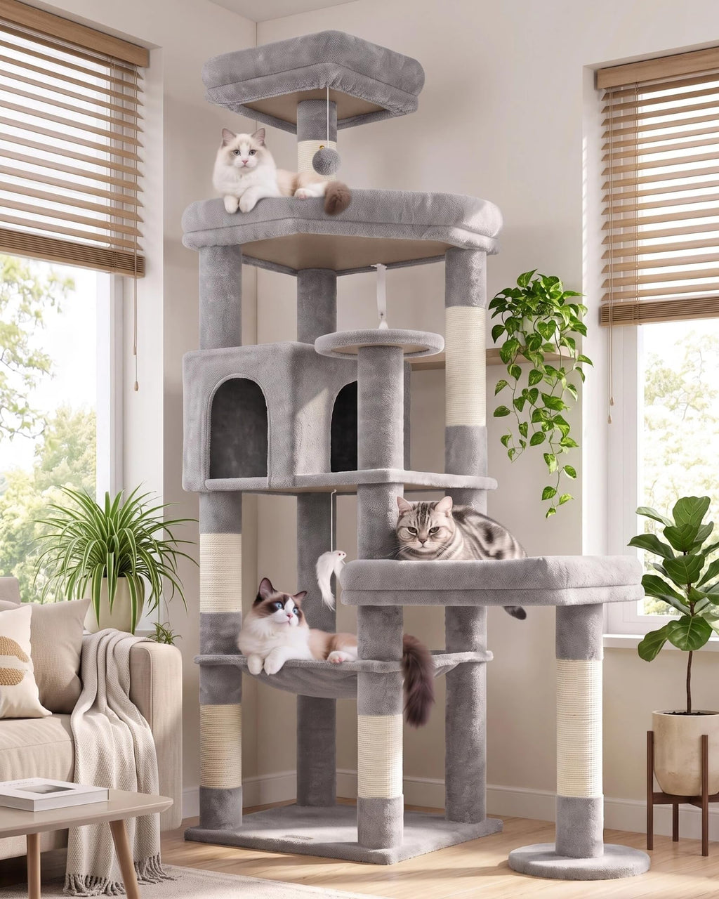 Globlazer 65in Sturdy Cat Tree Tower for Indoor Large Cats, S65, Beige
