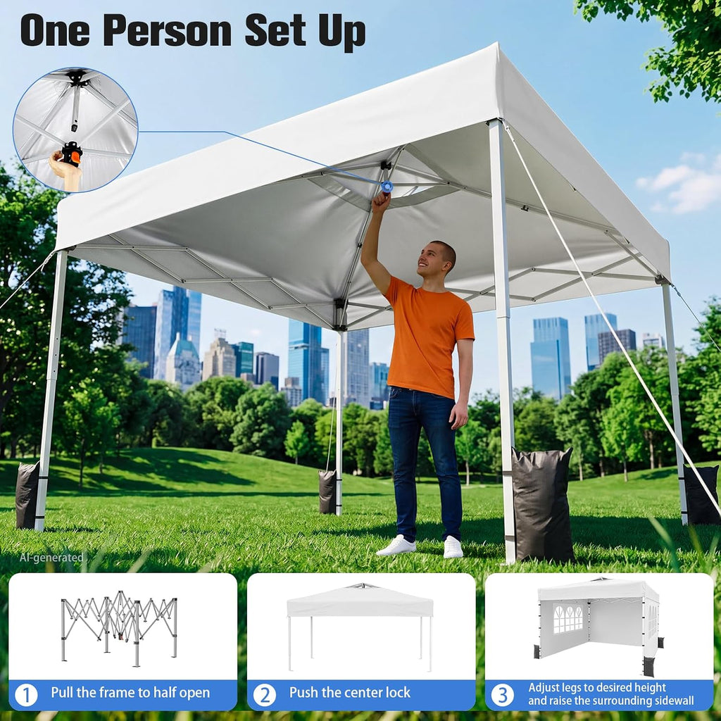 10x10 Pop Up Canopy Tent with One Push Setup, 3 Adjustable Heights, White