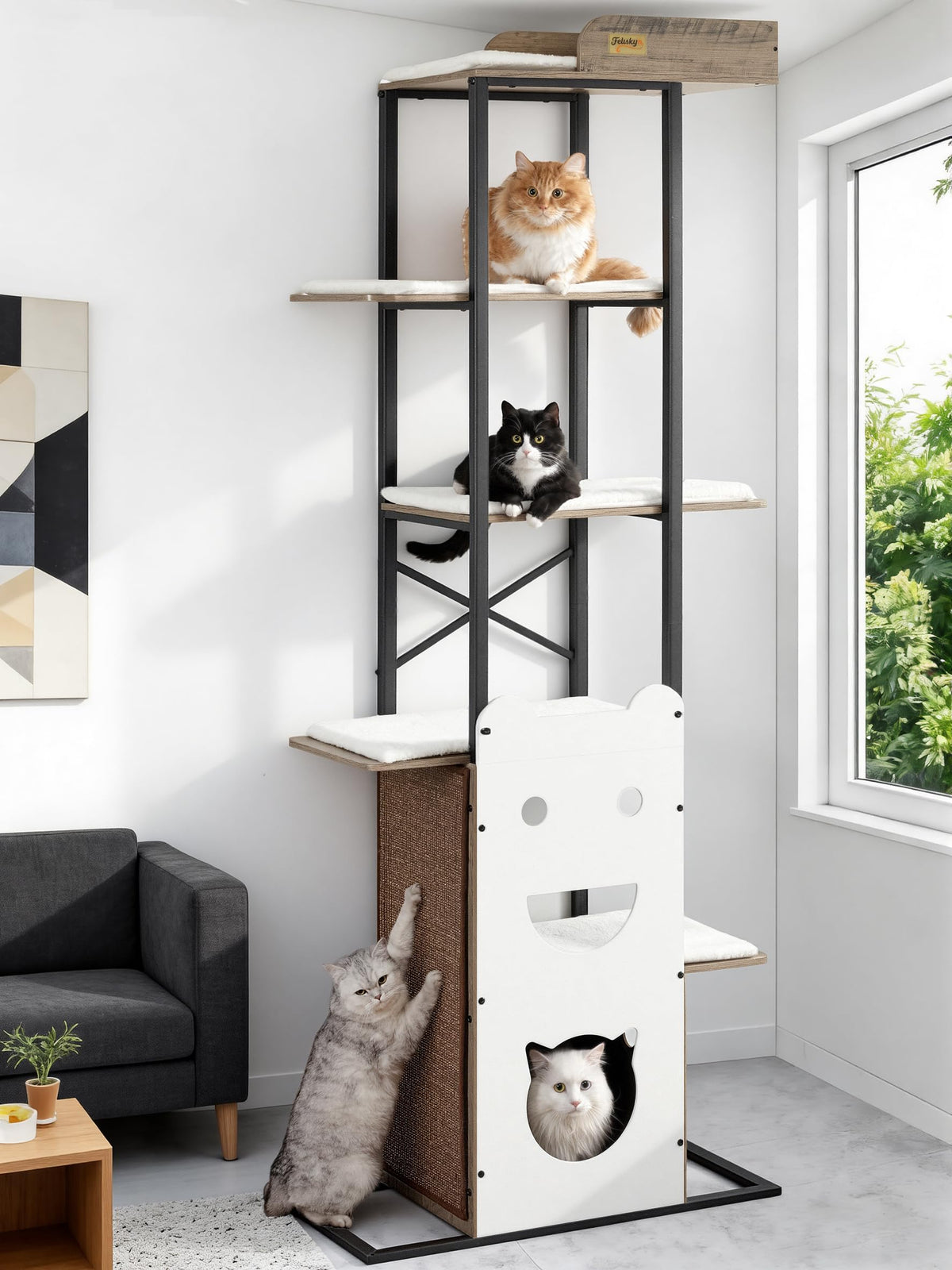 Modern Wood Cat Tree Tower for Indoor Cats Large Adult 67-in Tall